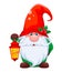 Funny gnome holding lantern. Cute dwarf in red hat cartoon character.