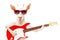 Funny goat showing tongue in sunglasses with electric guitar
