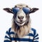 Funny Goat In Sunglasses And Striped Blue Shirt