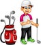 Funny golfer cartoon standing with smiling and bring stick