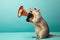 Funny gopher holding loudspeaker and screaming over isolated blue background