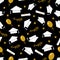 Funny graduation seamless pattern. Caps thrown up. Grad ceremony backdrop. Vector template for textile, fabric