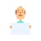 Funny grandfather character holding empty white sign in hands. Cartoon bald man with mustache and cheerful face