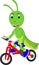 Funny grasshopper cartoon riding bycycle with laughing