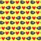 Funny gray birdies with red hearts on a yellow background. Colorful seamless pattern for children.