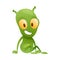 Funny Green Alien Character with Big Eyes and Small Antenna on Head Sitting and Smiling Vector Illustration