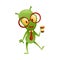 Funny Green Alien Character Wearing Neck Tie and Glasses Carrying Coffee Cup Vector Illustration