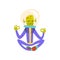 Funny Green Alien Meditating in Lotus Position, Funny Humanoid Cartoon Character in Blue Space Suit and Helmet Vector