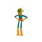 Funny Green Alien Standing with Hands on Its Waist, Humanoid Cartoon Character with Big Eyes Oval Shape and Small