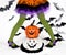 Funny green black Striped legs of a little girl with halloween costume of a witch with witch shoes and smiley halloween pumpkin