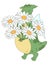 Funny green dragon with a big bouquet of daisies