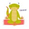 Funny Green Gecko Character Sitting in Yoga Pose on Mat and Meditating Vector Illustration