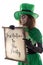 Funny green gobling girl holding a scroll with text invitation t