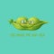 Funny green pea characters in love. Cheerful food emoji. Cartoon vector illustration You make me happy quote