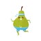 Funny green pear running, sportive fruit cartoon character doing fitness exercise vector Illustration on a white
