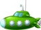 Funny green submarine cartoon on white background