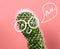 Funny greeting card  cactus with drawn face with glasses saying hello