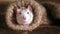 Funny grey-and-white rat peeks out of a wool sock