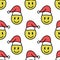 Funny groovy cartoon yellow smiley in Santa hat, psychedelic surreal smile emoji face head seamless pattern on white