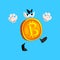 Funny grumpy bitcoin character, crypto currency emoticon vector Illustration on a sky blue background