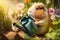 Funny guinea pig watering flowers with the watering can in the garden
