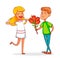Funny guy cartoon character gives a bouquet of tulips to his girlfriend.