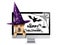 Funny Halloween dog peeping inside monitor pc witch hat isolated