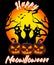 Funny Halloween illustration with 3 black cats and 3 pumpkins, moon in background - Happy Meowlloween.