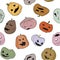 Funny Halloween seamless pattern with pumpkins characters. Different characters, colors, forms, and emotions. Vector