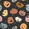 Funny Halloween seamless pattern with pumpkins characters. Different characters, colors, forms, and emotions. Vector