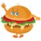 Funny hamburger character with eyes, arms and legs waving, isolated object on white background,