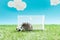 Funny hamster near toy soccer ball and gates on green grass on blue background with clouds