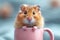 Funny hamster sitting in a pink mug on blur background.