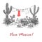 Funny hand drawn illustraytion with jars, saguaro, blue agave, prickly pear,