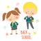 Funny hand drawn kids in school uniforms with schoolbags. Cute boy and girl with backpacks. Back to school card design