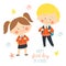 Funny hand drawn kids in school uniforms with schoolbags. Cute boy and girl with backpacks. Happy first day of school