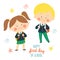 Funny hand drawn kids in school uniforms with schoolbags. Cute boy and girl with backpacks. Happy first day of school