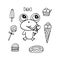 Funny hand-drawn monochrome frog the sweet tooth with ice cream