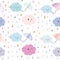 Funny hand drawn seamless pattern background with colorful watercolor drops and clouds.