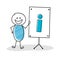 Funny hand drawn stickman with whiteboard and information symbol icon. Vector