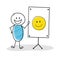 Funny hand drawn stickman with whiteboard and smiley emoticon. Vector