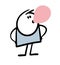 Funny hand drawn uncultured stickman inflates pink bubble of chewing gum. Vector illustration of a child prank.