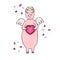 Funny hand-drawn vector pig Cupid with wings and heart