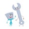 Funny hand trowel pointing up and wrench character listening