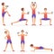 Funny handsome man exercising various different training fitness sport gym poses exercises set vector illustration.