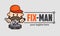 Funny handyman fixing the mechanism with a screwdriver and a wrench. Cute repairman logo