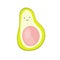 Funny happy avocado isolated on white background. Kawaii cartoon character vegetable smiles. Fresh food for healthy eating. Hand