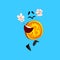 Funny happy bitcoin character having fun, crypto currency emoticon vector Illustration on a sky blue background