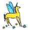 Funny happy blue yellow pegasus unicorn horse with flowers.