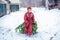 Funny happy child in Viva Magenta Winter color overalls carries a Christmas tree. A happy boy in a winter jumpsuit drags a freshly